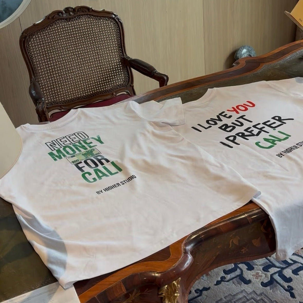 T - SHIRT - NEED MONEY FOR CALI - WHITE - HIGHER STUDIO